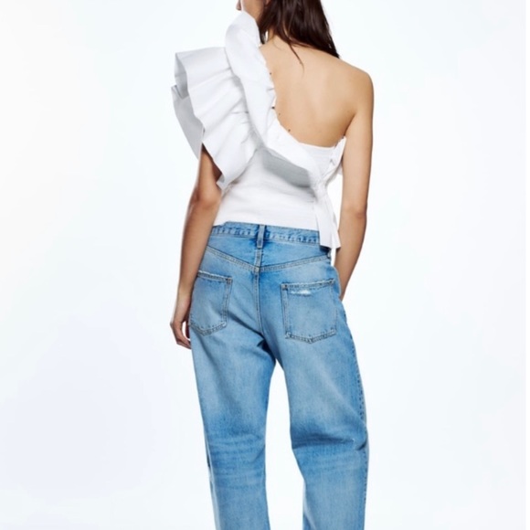 NWT Zara Blogger Fav Asymmetrical One Shoulder Poplin Ruffle Top White - Picture 4 of 16